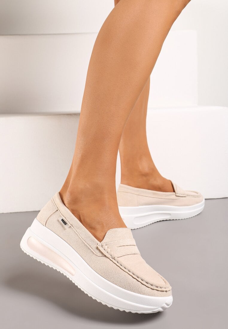 Beżowe Półbuty z Ekozamszu na Platformie Ozdobione Paseczkiem Adrancia