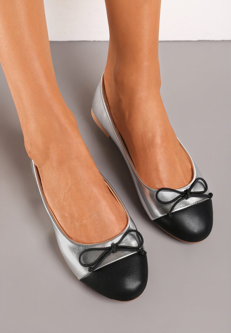 Srebrne Klasyczne Balerinki z Okrągłym Przodem i Kokardką Engobe