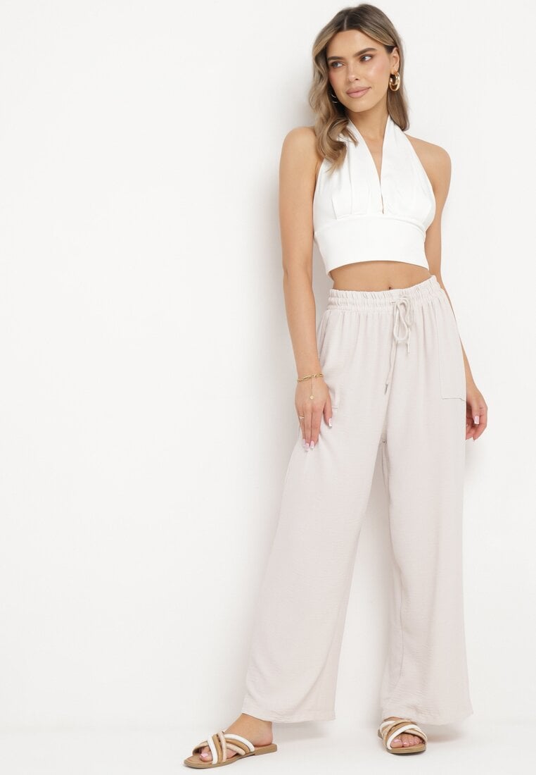 Jasnobeżowe Spodnie z Prostą Nogawką i Kieszeniami oraz Sznurkiem w Talii Qulai