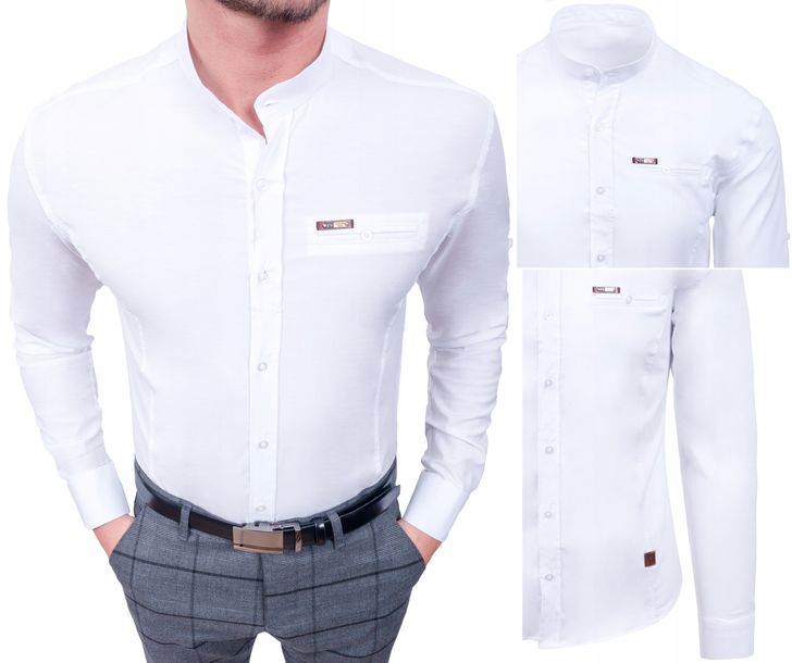 Koszula Męska Biała Stójka Taliowana Slim Fit - M