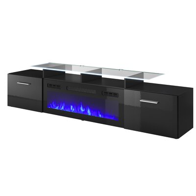 Szafka RTV ROVA z kominkiem elektrycznym 190x37x48 czarny/czarny połysk