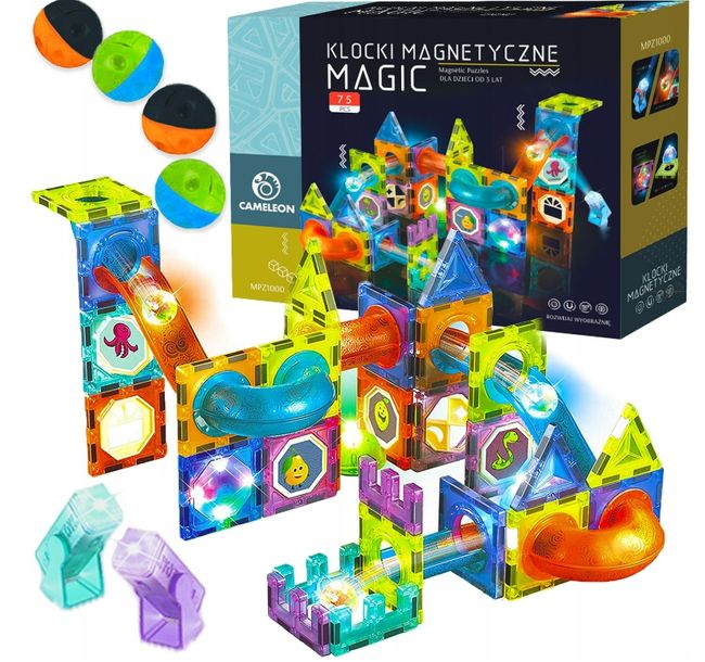 75x Klocki Magnetyczne Dla Dzieci Konstrukcyjne Świecący Tor Prezent Święta