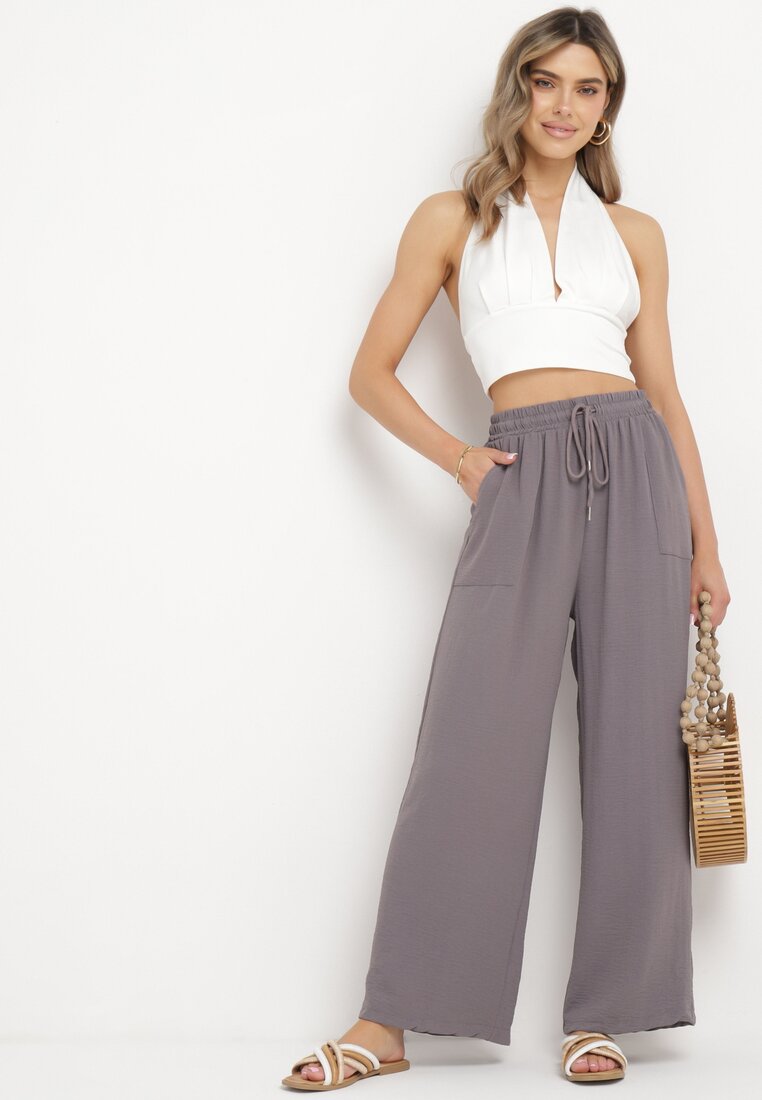 Szare Spodnie z Prostą Nogawką i Kieszeniami oraz Sznurkiem w Talii Qulai