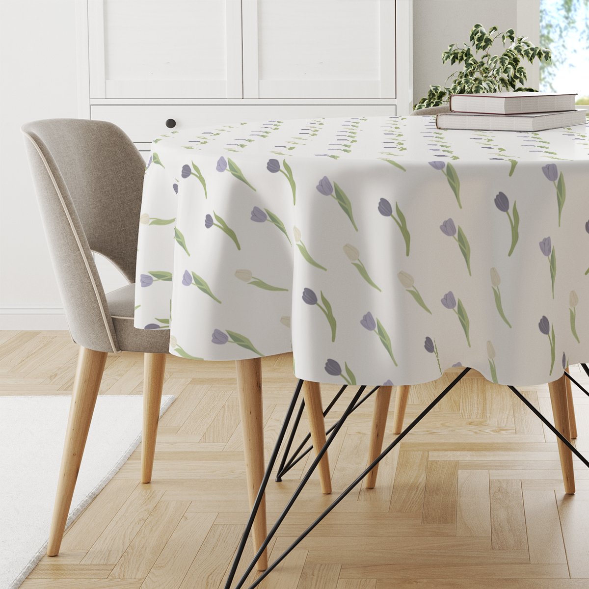 Obrus okrągły EASTER wzór EA14 | fioletowe tulipany średnica 150 cm