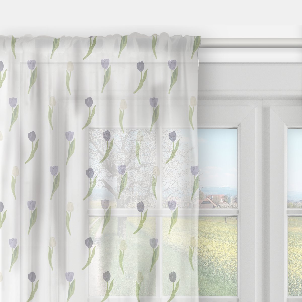 Firana EASTER wzór EA14 | fioletowe tulipany 140 x 150 cm