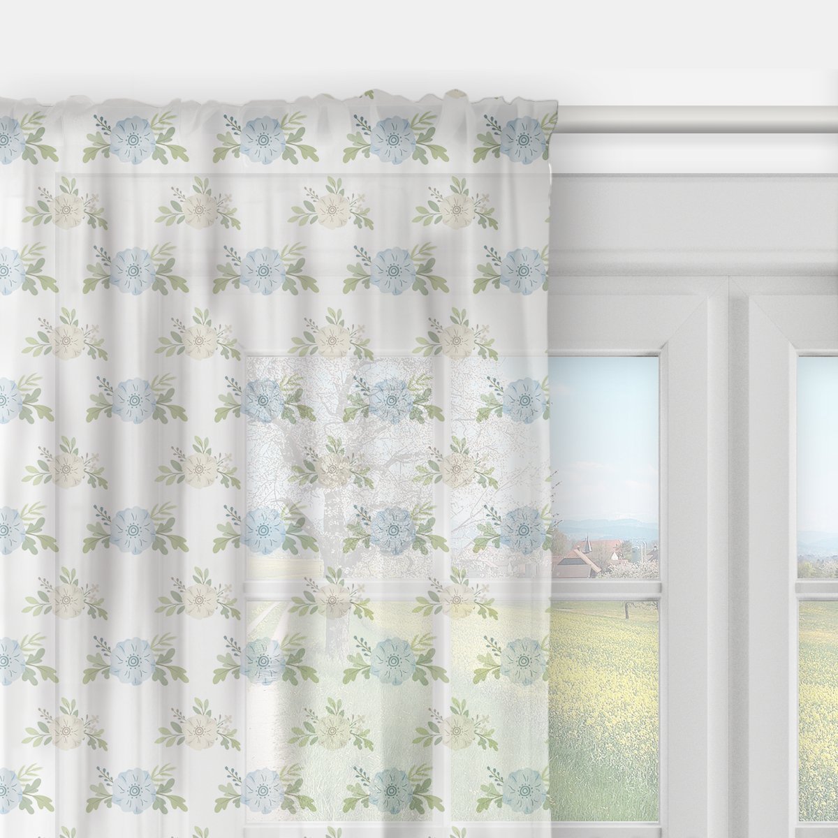 Firana EASTER wzór EA08 | błękitne kwiaty 140 x 240 cm