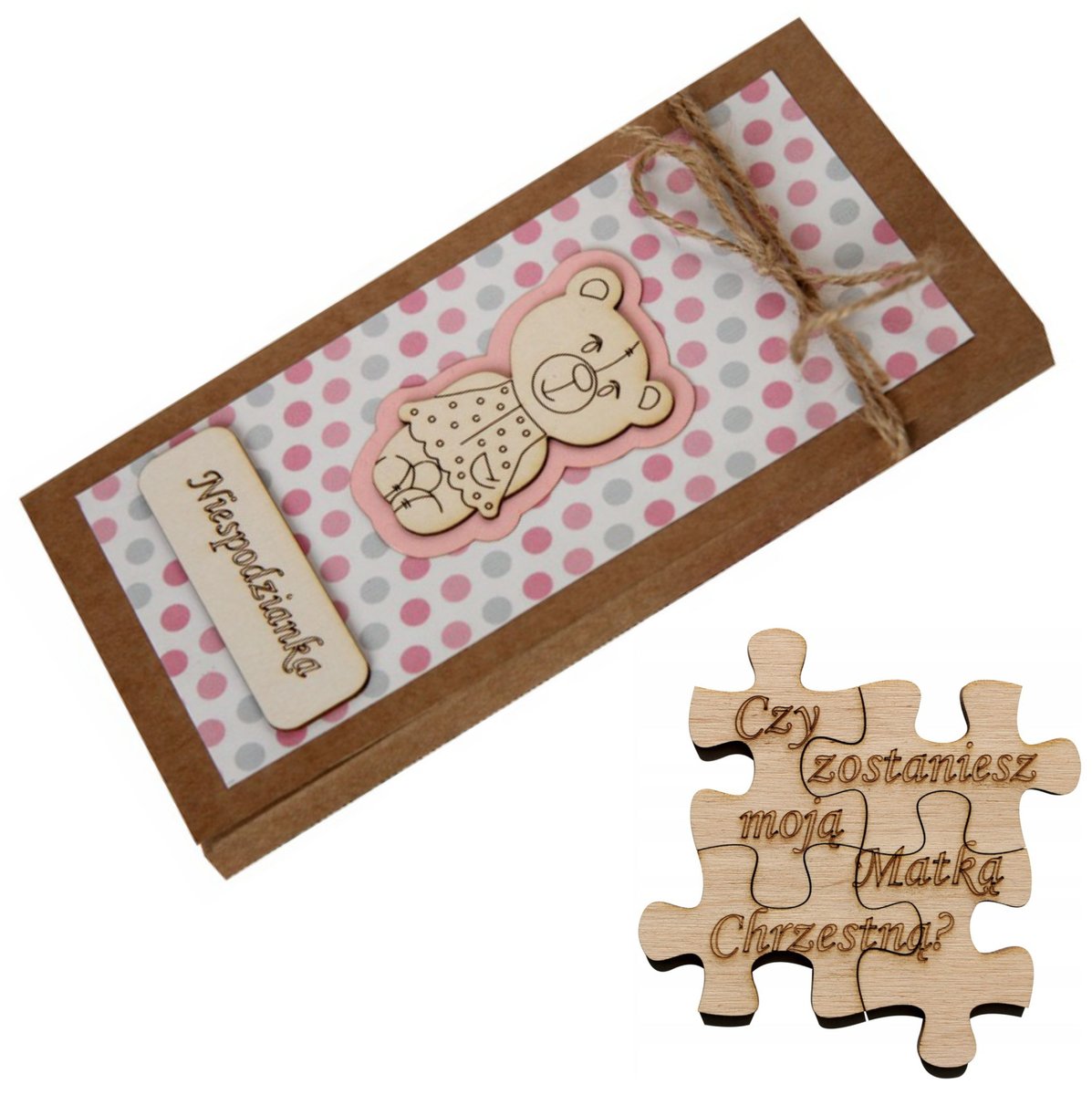 Zaproszenie na Chrzest dla Chrzestnych Czy zostaniesz Matką Chrzestną Ojcem Chrzestnym - MIŚ RÓŻOWY PUZZLE