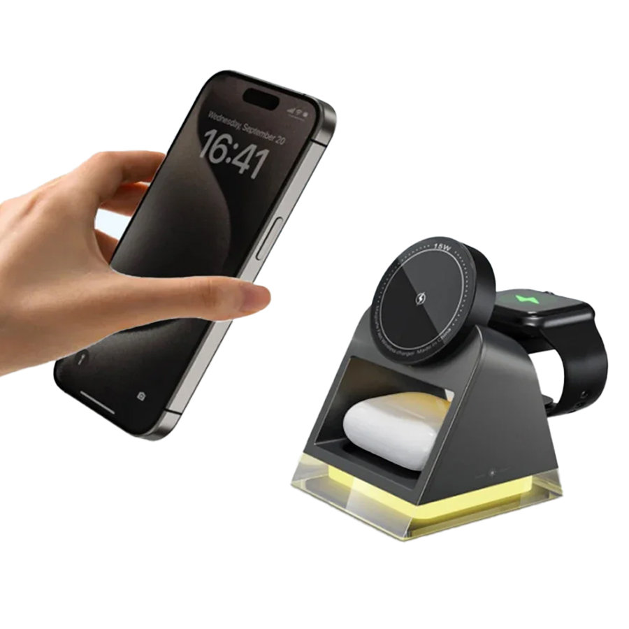 Ładowarka Indukcyjna 3w1 MagSafe iPhone Airpods iOS Android Lampka Czarna