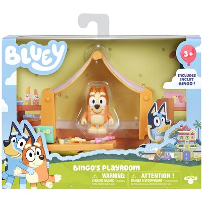 Bluey Bluey Bingo's Playroom oficjalny zestaw do zabawy kolekcjonerskiej z przegubową figurką bingo 2,5 cm i 6 zabawnymi akcesoriami, dywan do kiwi, namiot, ławka, ksylofonem, pazurami i stetoskopem lekarza 13017