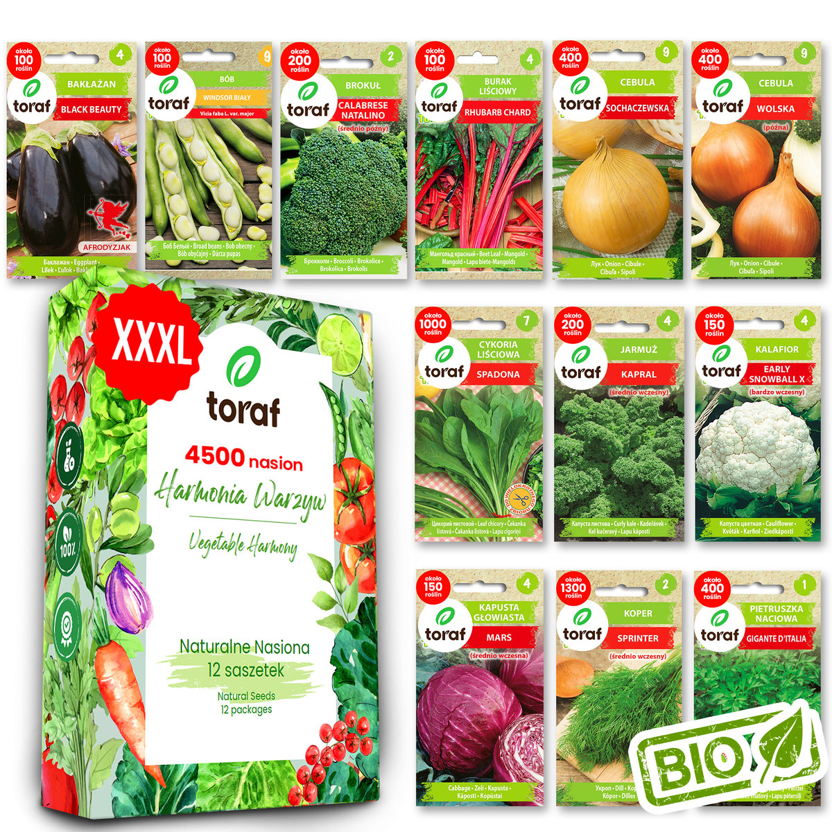Nasiona warzyw BAKŁAŻAN BÓB BROKUŁ KALAFIOR KAPUSTA JARMUŻ 12 SZASZETEK