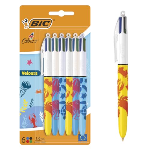 Bic 4 kolory, welurowe długopisy kulkowe, średnie punkty (1,00 mm), motyw życia morskiego, 3 różne wzory, 6 sztuk
