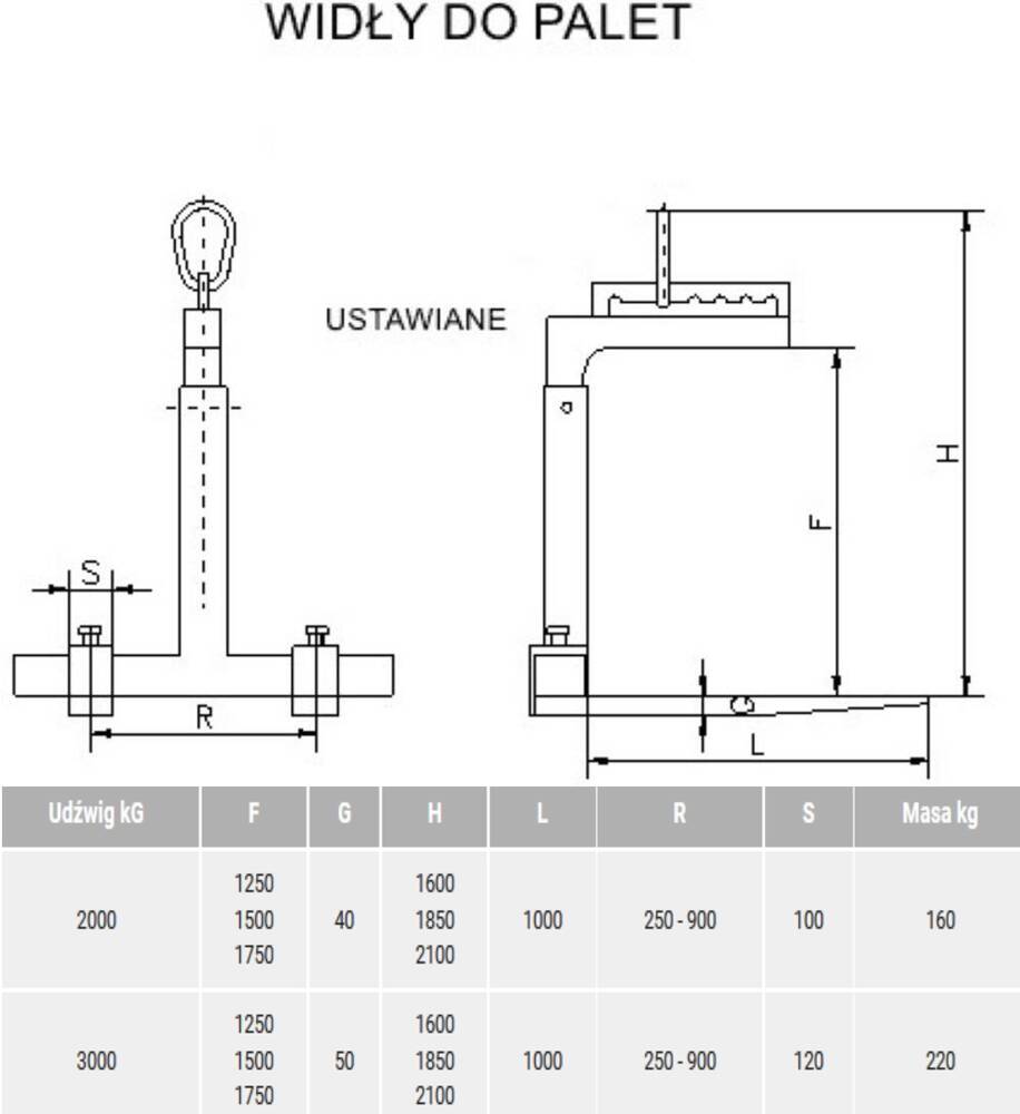 BERWILIA Widły do palet z uchwytem ustawnym (udźwig: 2000 lub 3500 kg, długość wideł: 1000 mm) 29082380