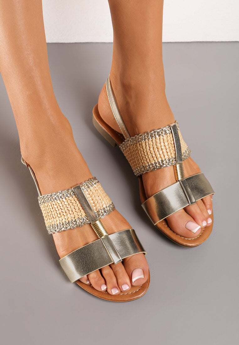 Złote Sandały z Ekoskóry ze Sprzączką z Metalicznymi Wstawkami i Plecionką Ursules