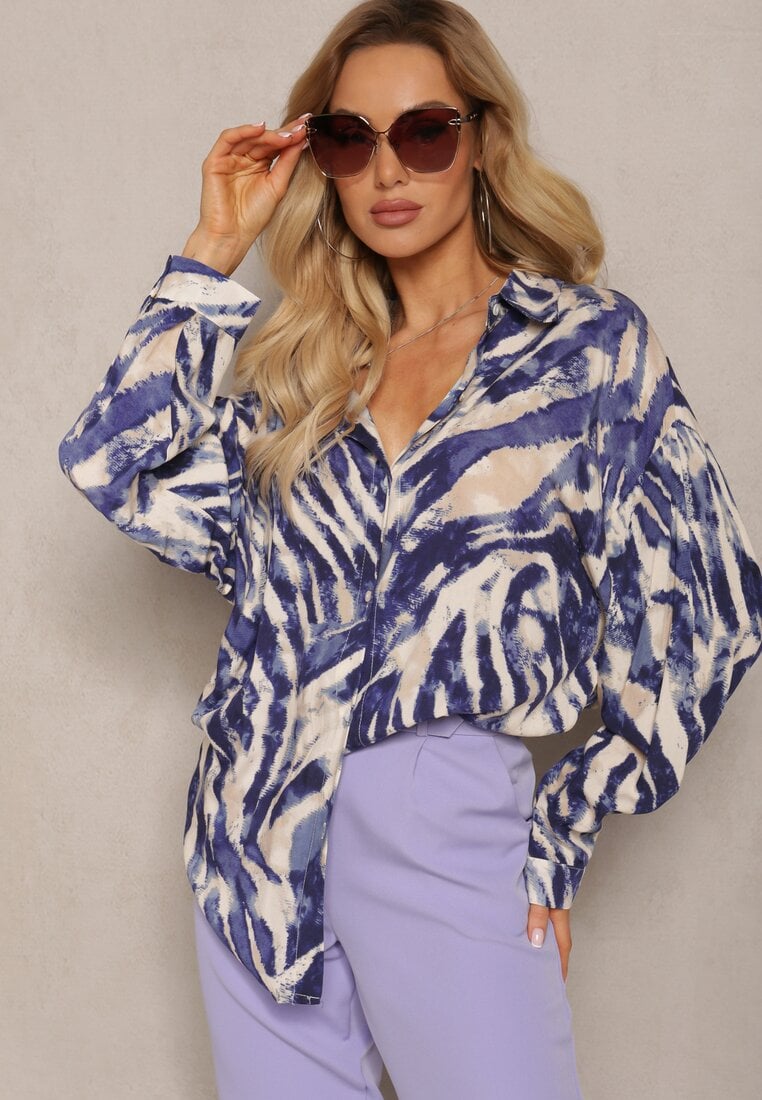 Niebieska Oversizowa Koszula z Wiskozy z Abstrakcyjnym Wzorem w Paski Frilina