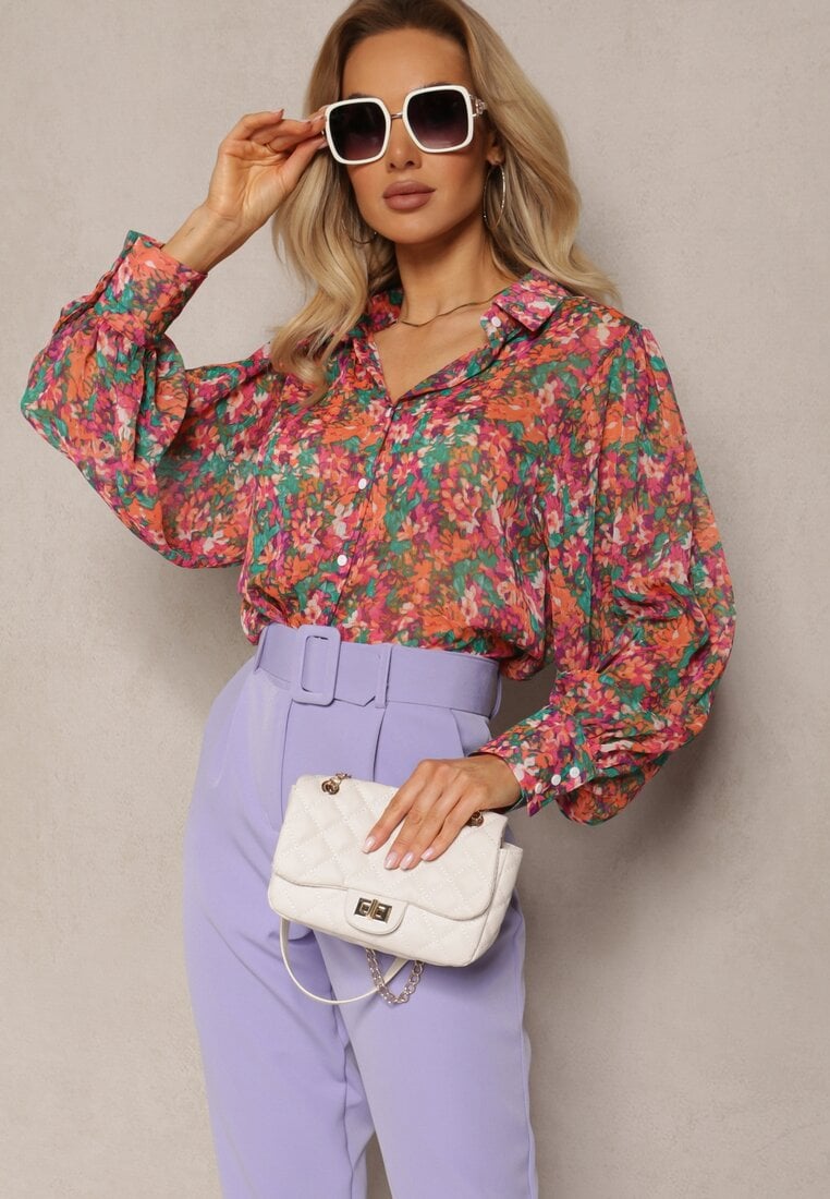 Różowa Koszula z Bufiastymi Rękawami z Kwiatowym Printem Paedria