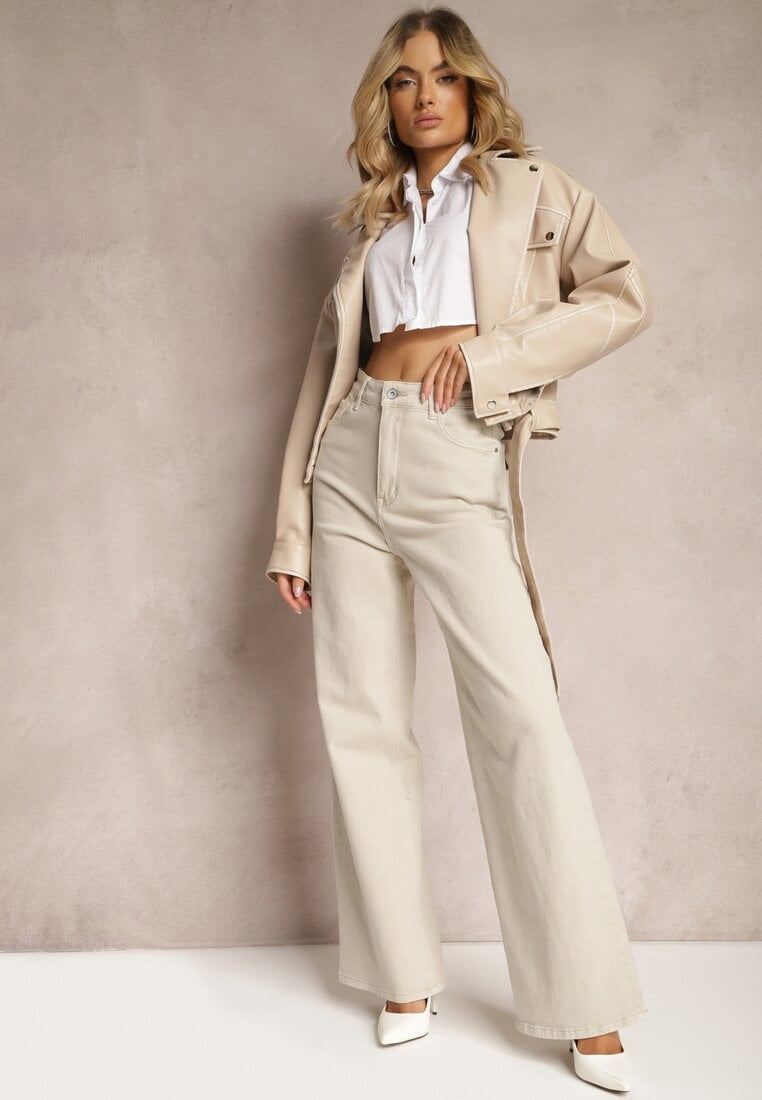 Beżowe Jeansy Szerokie Phririope