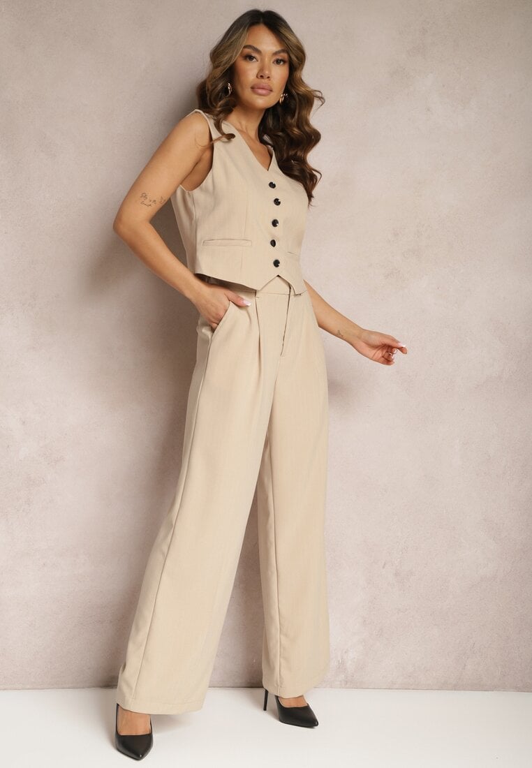 Beżowe Spodnie Szerokie w Garniturowym Stylu w Delikatne Prążki Tsalena