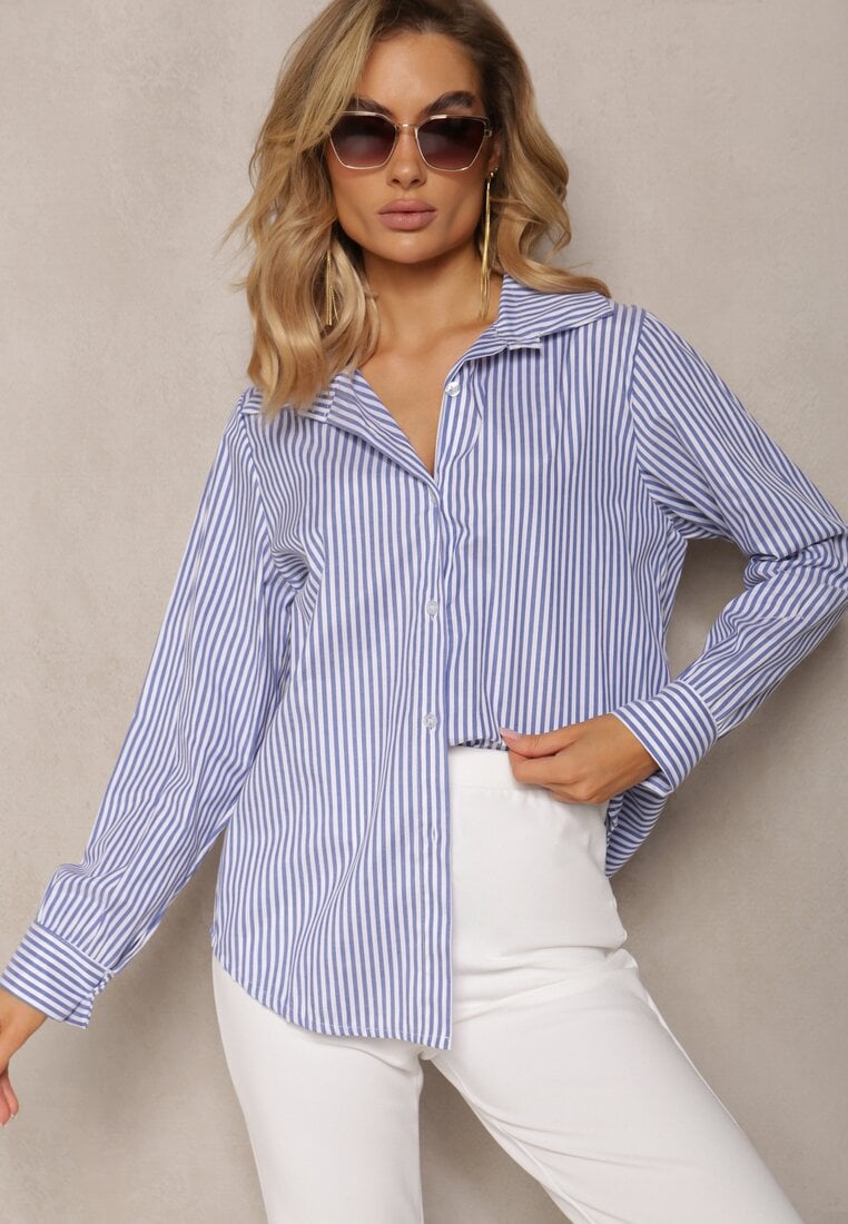 Granatowa Koszula o Klasycznym Fasonie z Guzikami w Paski Adetia