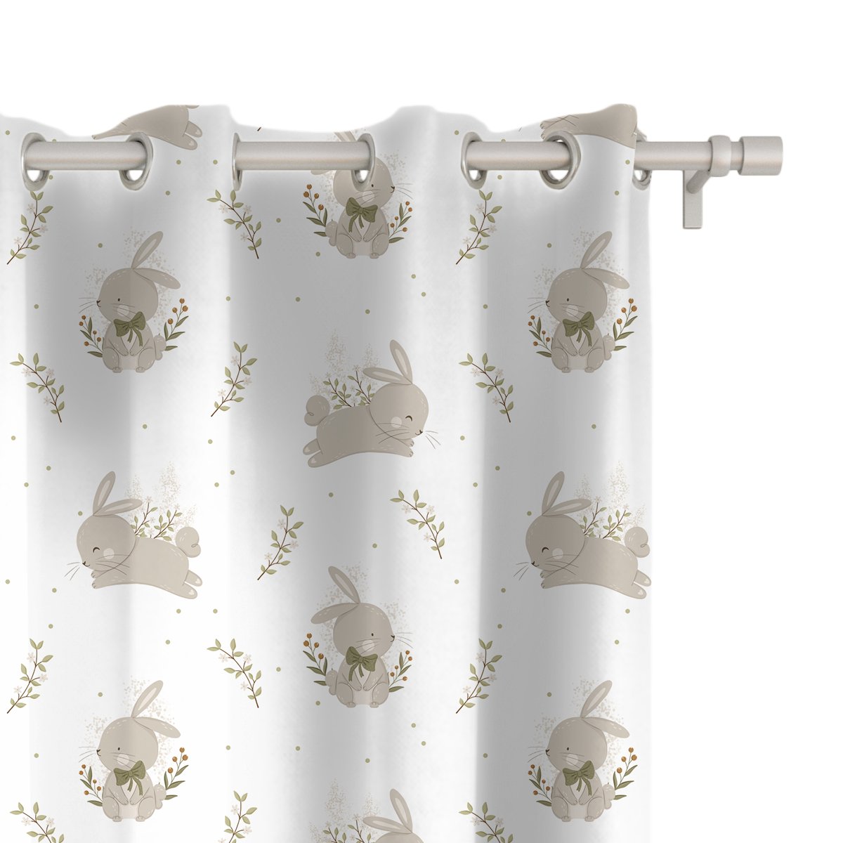 Zasłona dla dzieci BUNNY BLISS wzór D252 | zajączki w gałązkach 150 x 300 cm tkanina zaciemniająca