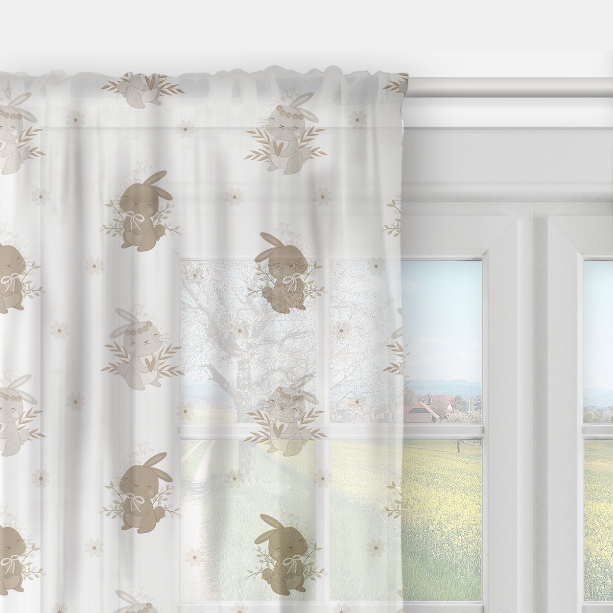 Firana dla dzieci BUNNY BLISS wzór D245 | zajączki w kwiatuszkach 140 x 300 cm