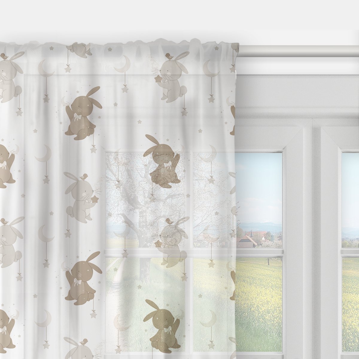 Firana dla dzieci BUNNY BLISS wzór D253 | zajączki w gwiazdkach 140 x 260 cm
