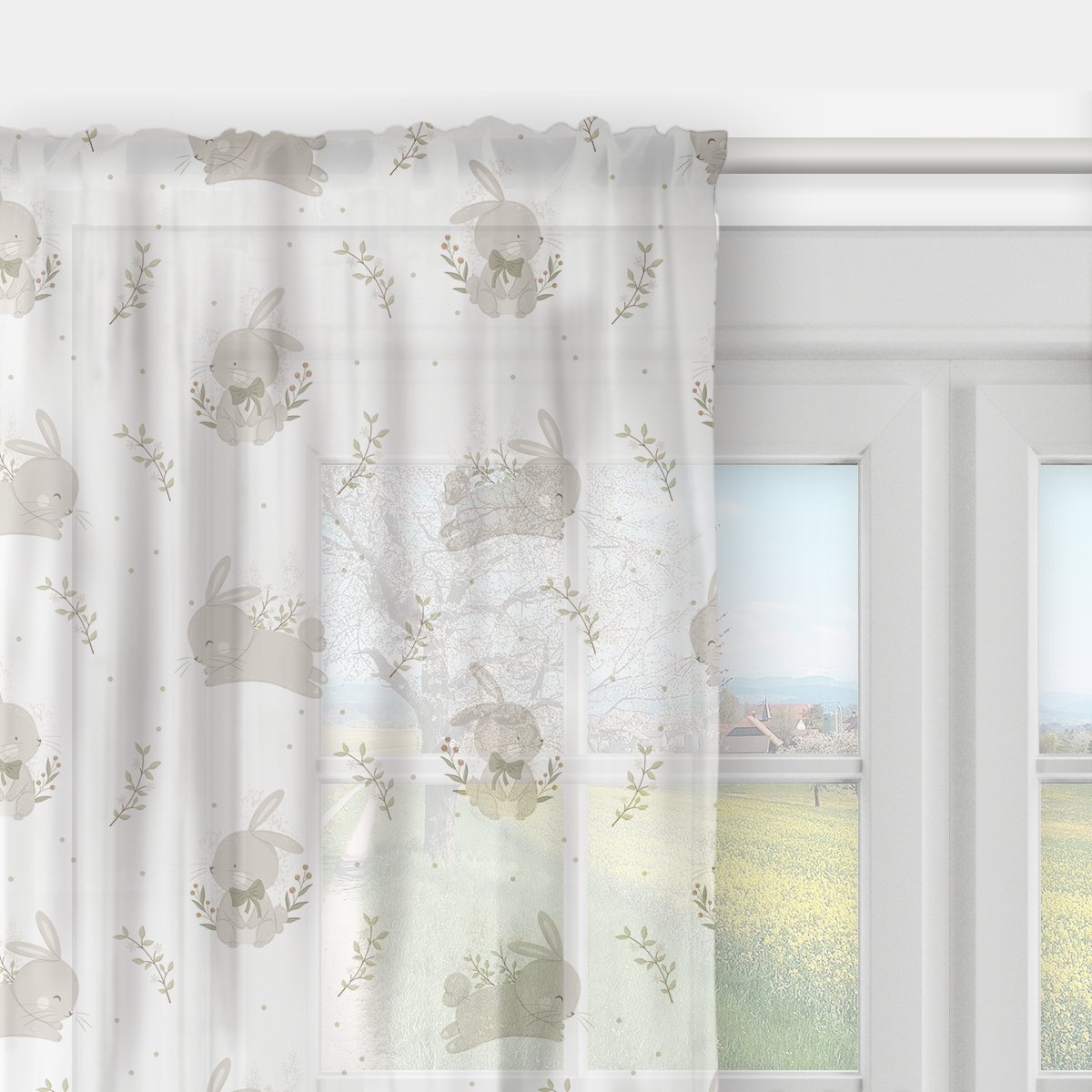 Firana dla dzieci BUNNY BLISS wzór D252 | zajączki w gałązkach 140 x 230 cm