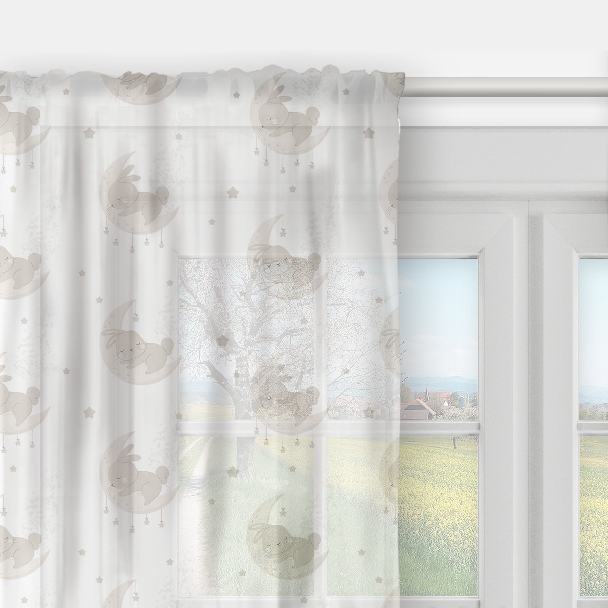 Firana dla dzieci BUNNY BLISS wzór D247 | księżycowe zajączki 140 x 150 cm