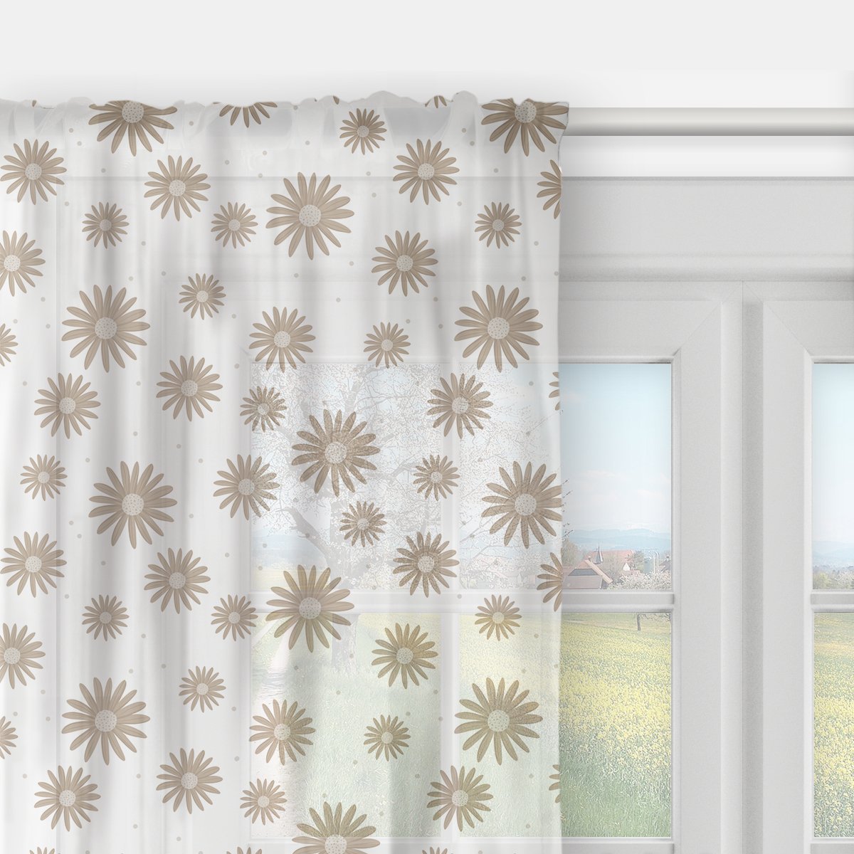 Firana dla dzieci BUNNY BLISS wzór D243 | beżowe stokrotki 140 x 160 cm