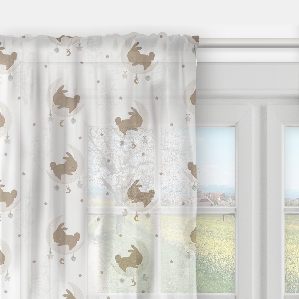Firana dla dzieci BUNNY BLISS wzór D251 | zajączki na księżycu 140 x 150 cm