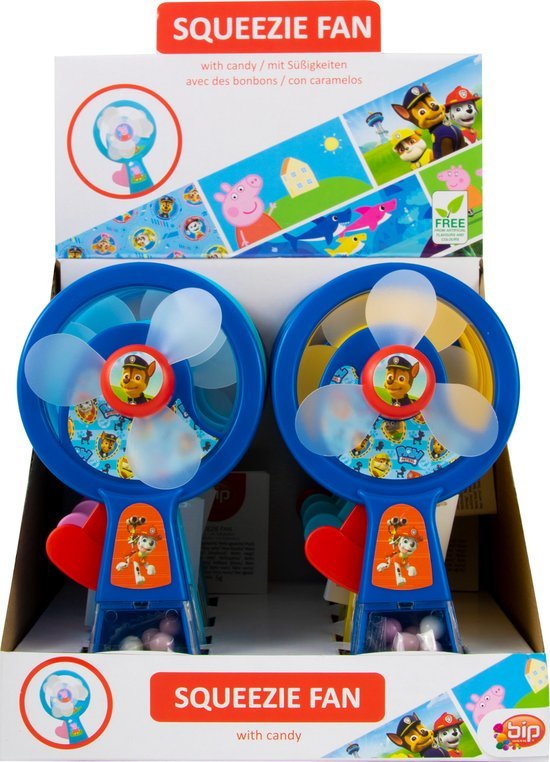 WIATRACZEK SQUEEZIE FAN Z CUKIERKAMI MIX PSI PATROL BABY SHARK ŚWINKA PEPPA KARTON 10SZTUK