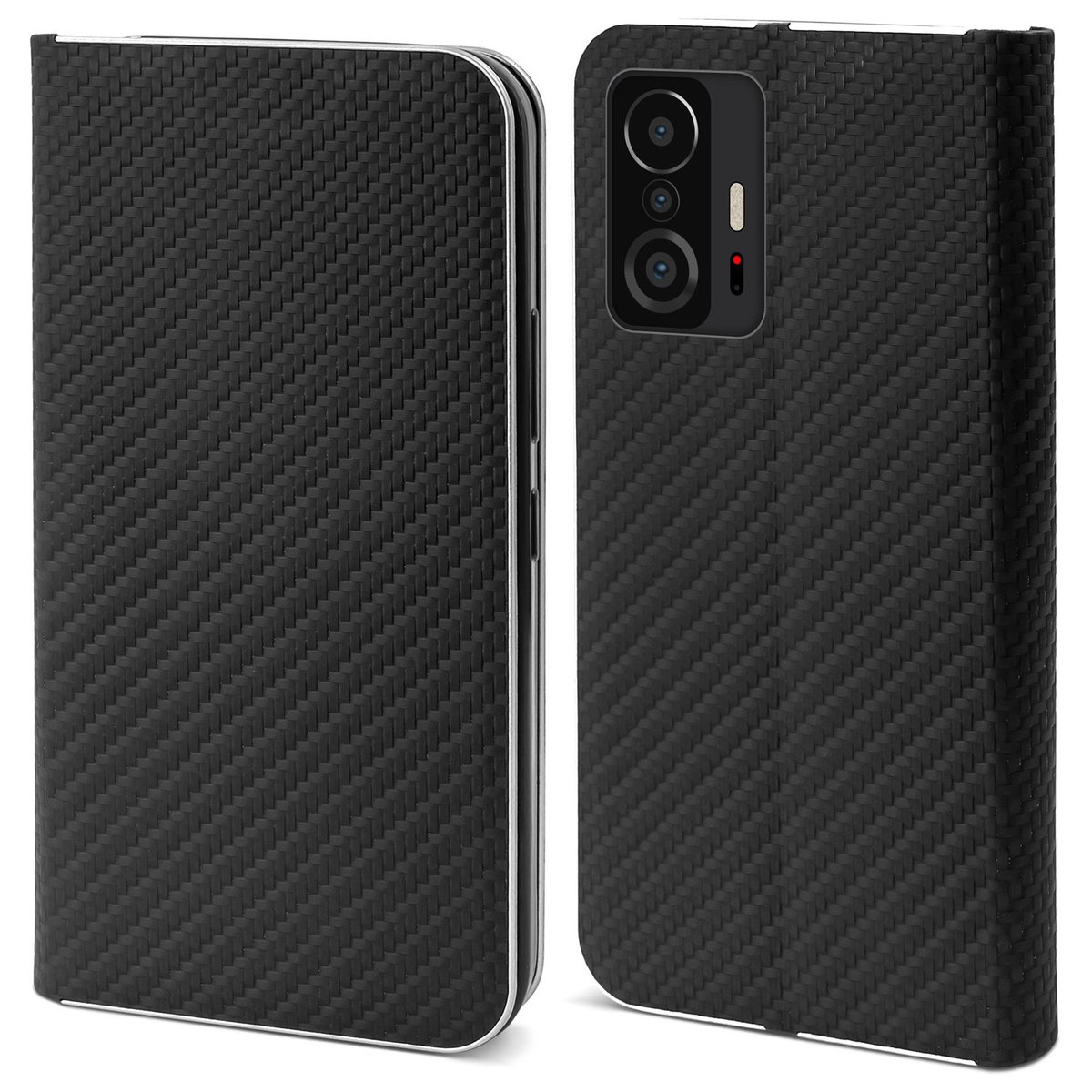 Moozy Etui z portfelem do Xiaomi 11T i 11T Pro, Black Carbon – Etui z klapką z metalowym obramowaniem Zamykane magnetycznie Etui z klapką z uchwytem..