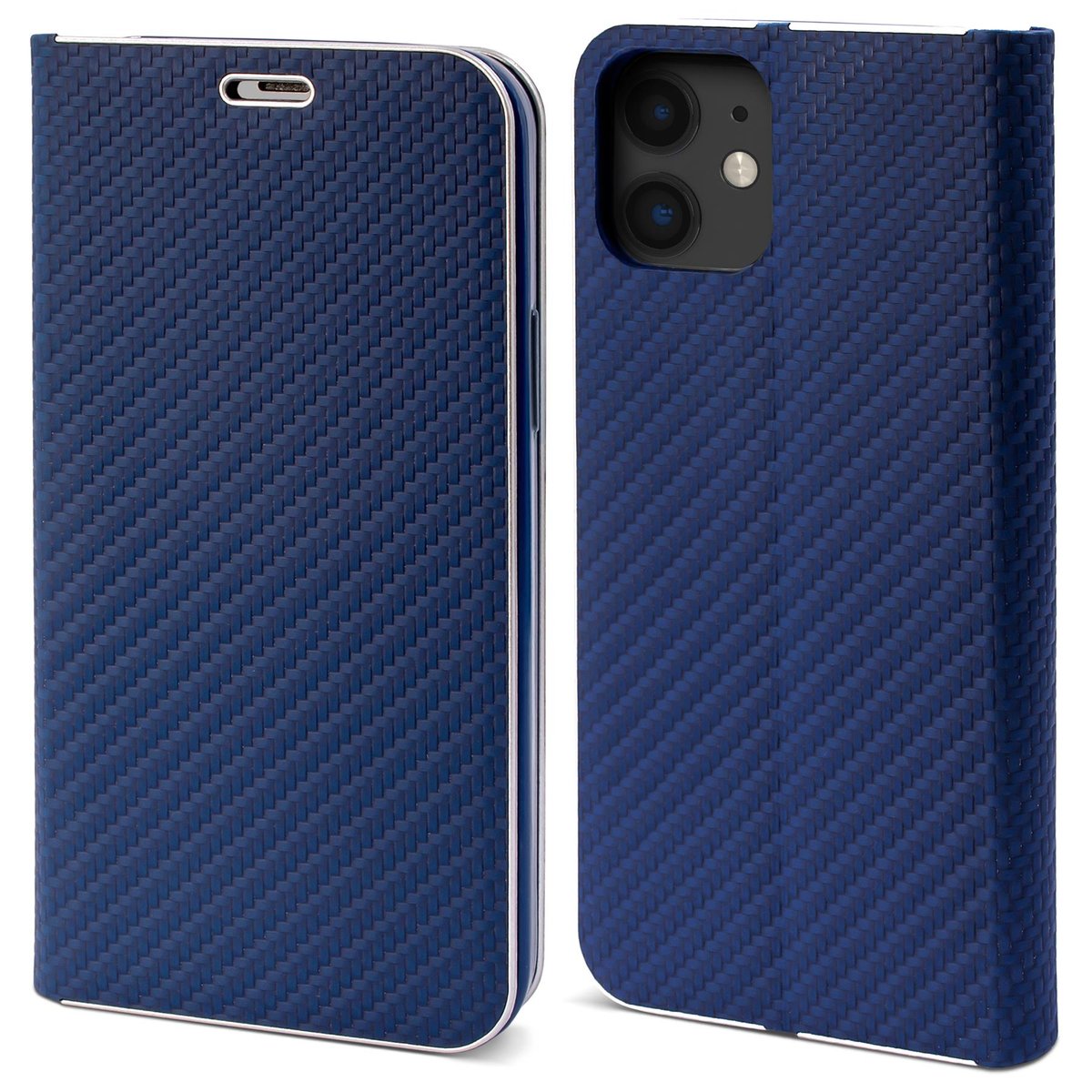 Moozy Etui z portfelem do iPhone'a 11, ciemnoniebieski karbon - metaliczna ochrona krawędzi, magnetyczne zamknięcie, klapka z uchwytem na kartę