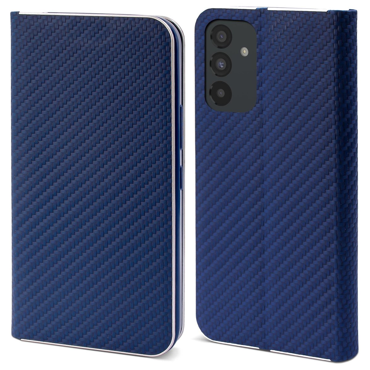 Moozy Etui z portfelem do Samsung A54 5G, ciemnoniebieskie włókno węglowe – etui z klapką z metalową krawędzią, zamykane na magnes, z uchwytem na ka..