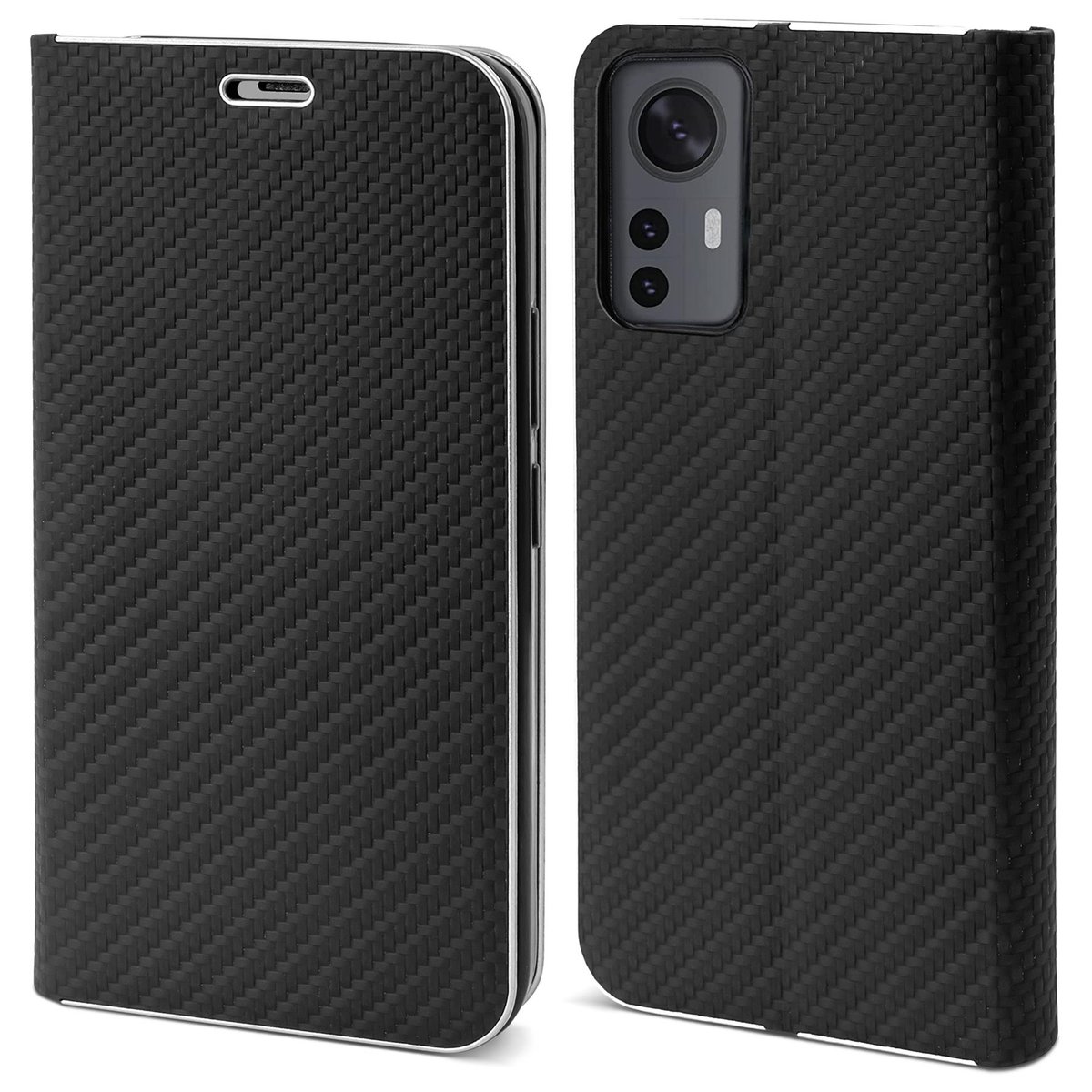 Moozy Etui z portfelem do Xiaomi 12 i Xiaomi 12X, Black Carbon – Etui z klapką z metalowym obramowaniem Zamykane magnetycznie Etui z klapką z uchwyt..