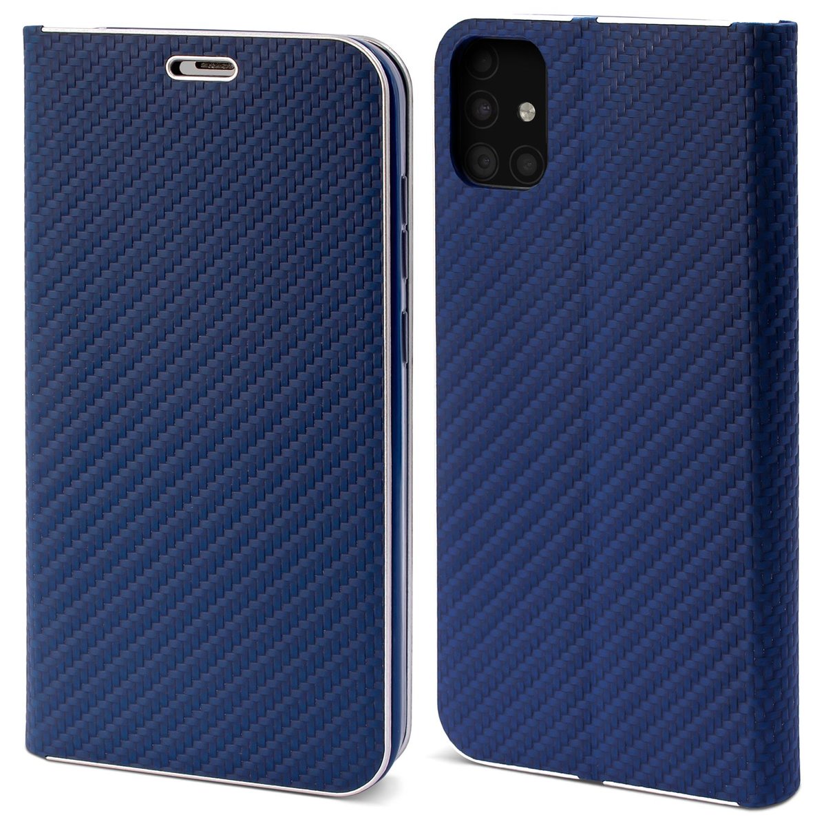 Moozy Etui z portfelem do Samsung A51, ciemnoniebieski karbon – metaliczna ochrona krawędzi, magnetyczne zamknięcie, klapka z uchwytem na kartę