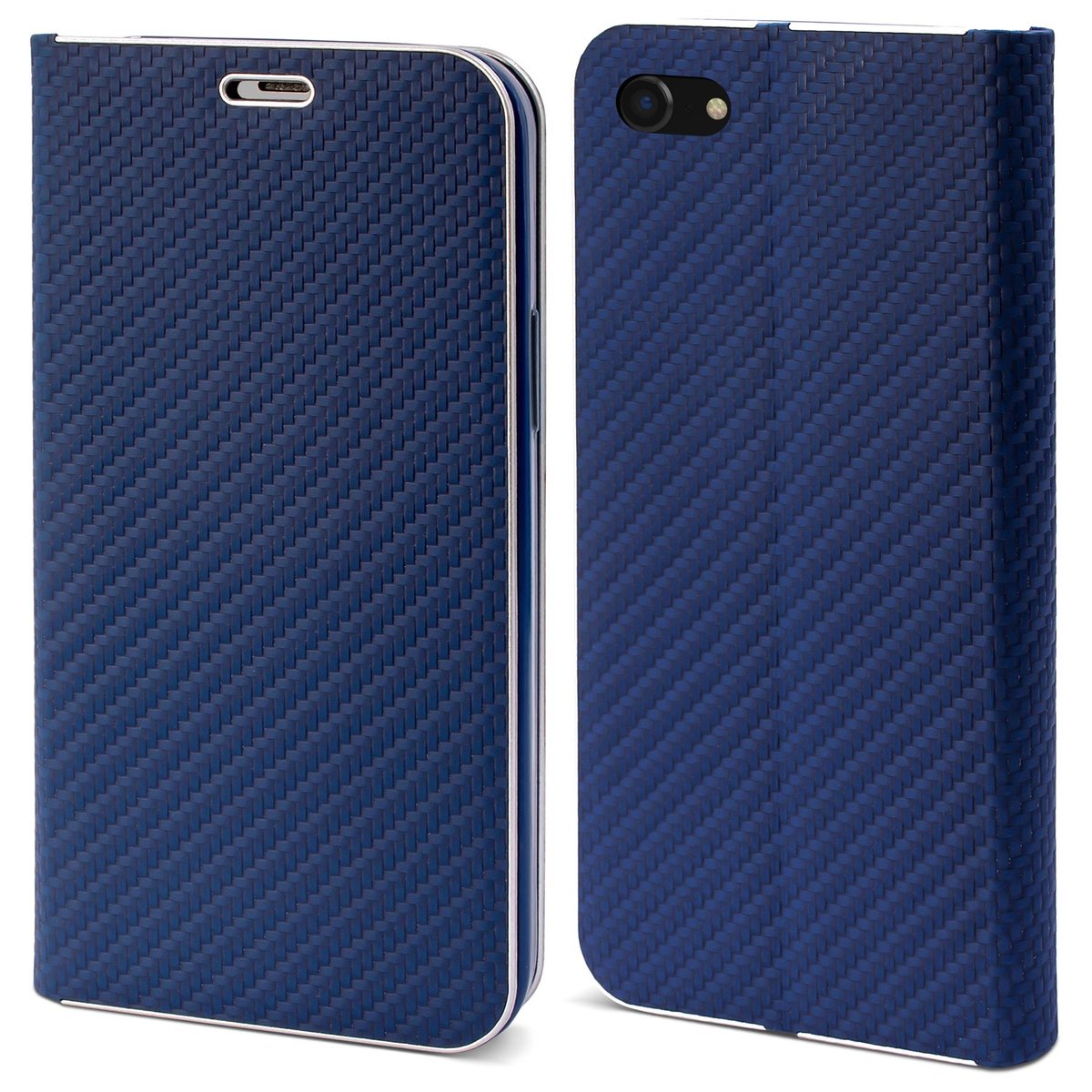 Moozy Etui z portfelem do iPhone'a SE 2020, iPhone'a 7, iPhone'a 8, Dark Blue Carbon - Metaliczne zabezpieczenie krawędzi Zamykane magnetycznie Pokr..