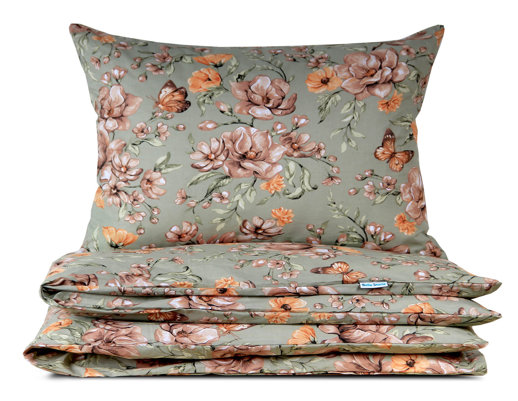 Pościel bawełniana 140x200 Królowa Magnolia na zieleni z torbą