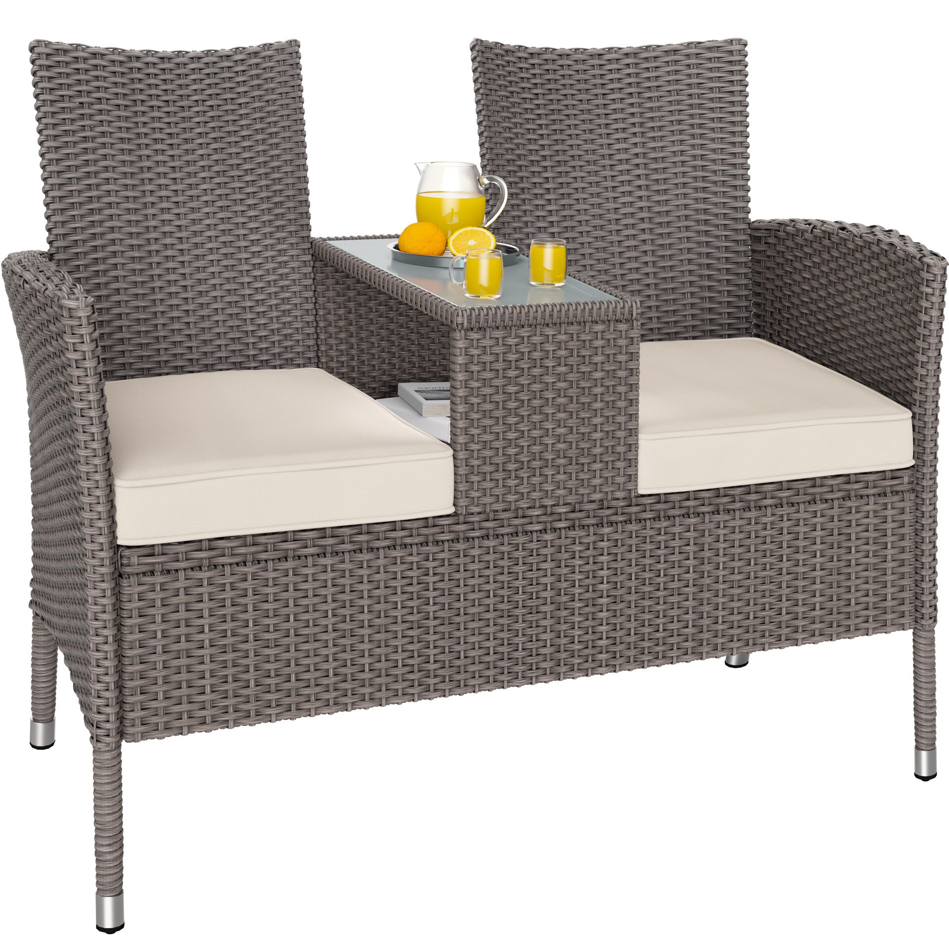 CASARIA Ławka Ogrodowa Rattan 143x55x88cm Stolik poduszka kremowy