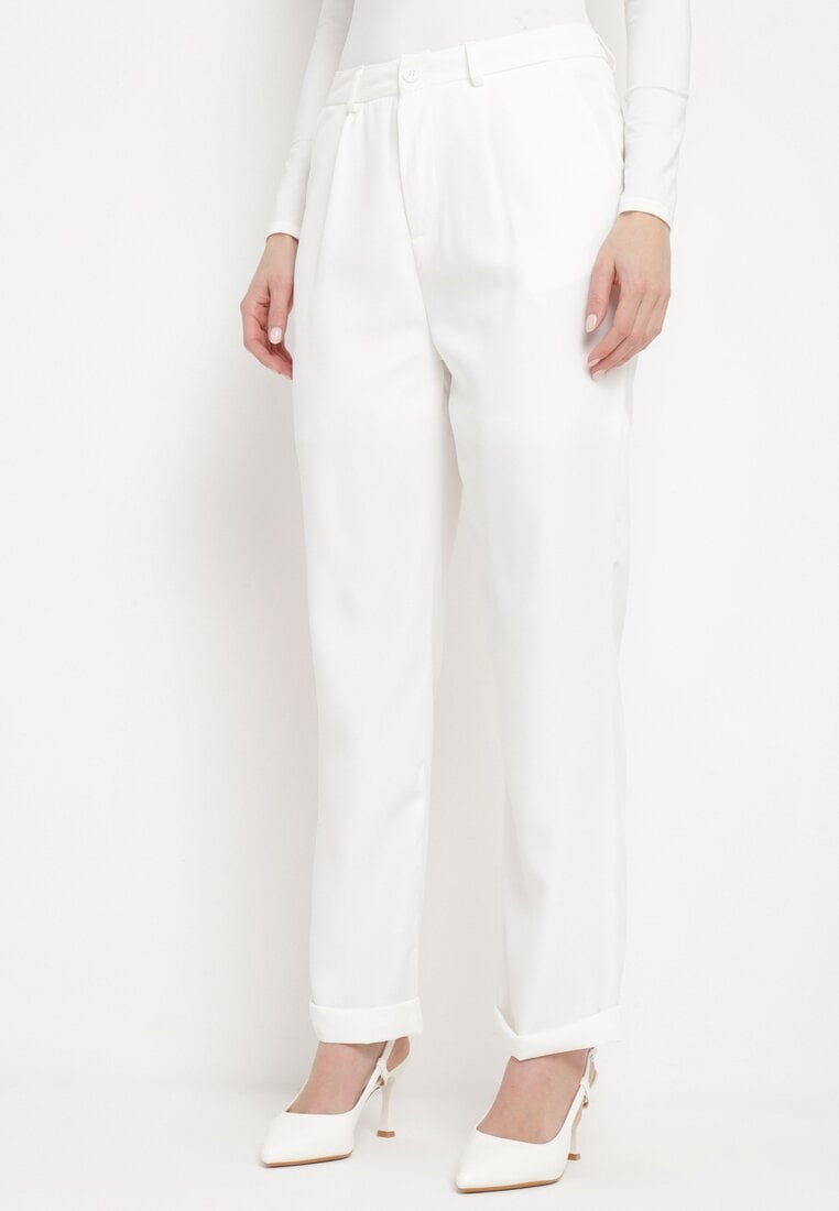 Białe Spodnie o Klasycznym Fasonie z Podwiniętymi Nogawkami z Ukrytym Suwakiem Wilelma