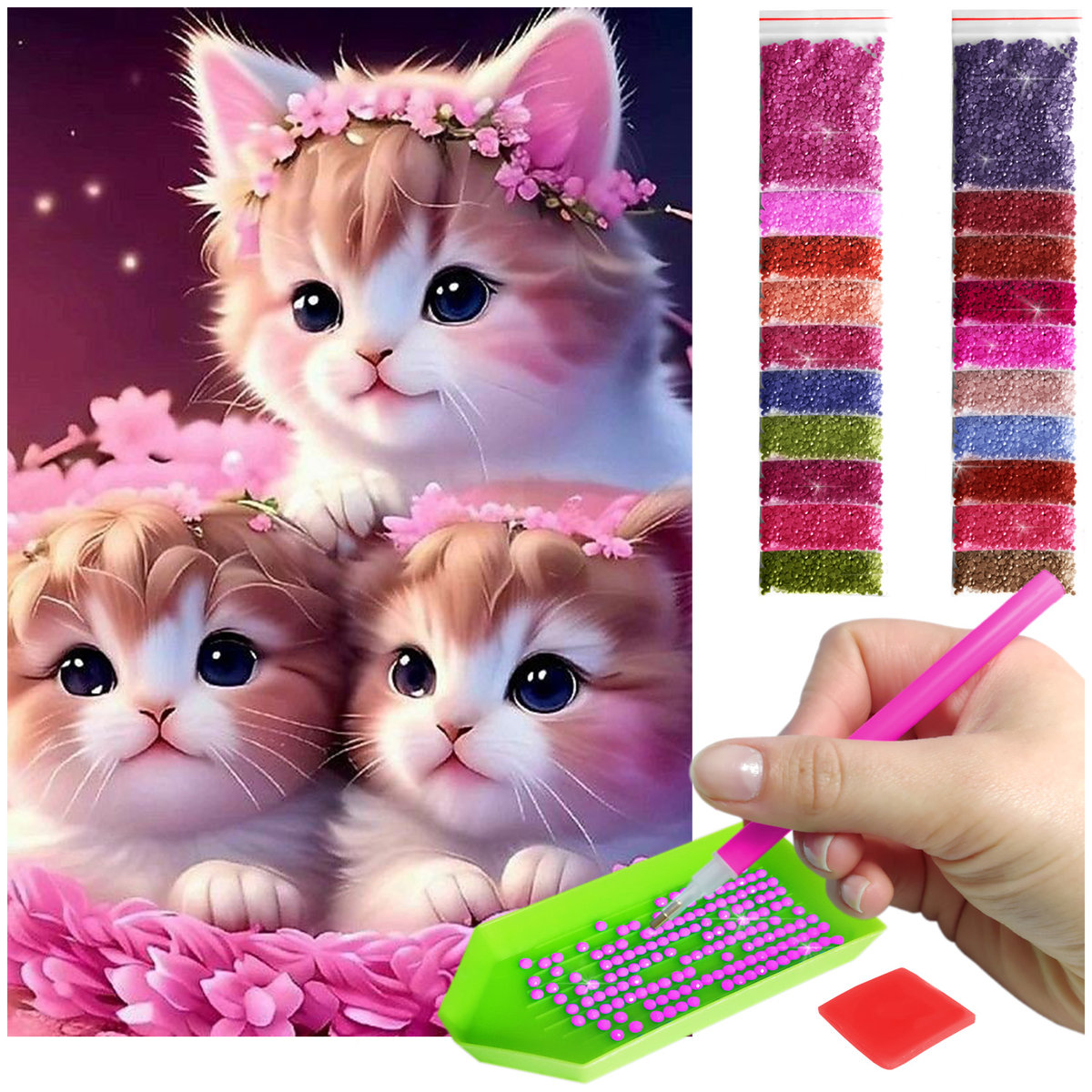 Haft Diamentowy ARTULIO, Obraz DIY 5D, Diamond Painting, Mozaika diamentowa 40x60cm ( Kotki pośród różowych kwiatów) + zestaw akcesoriów