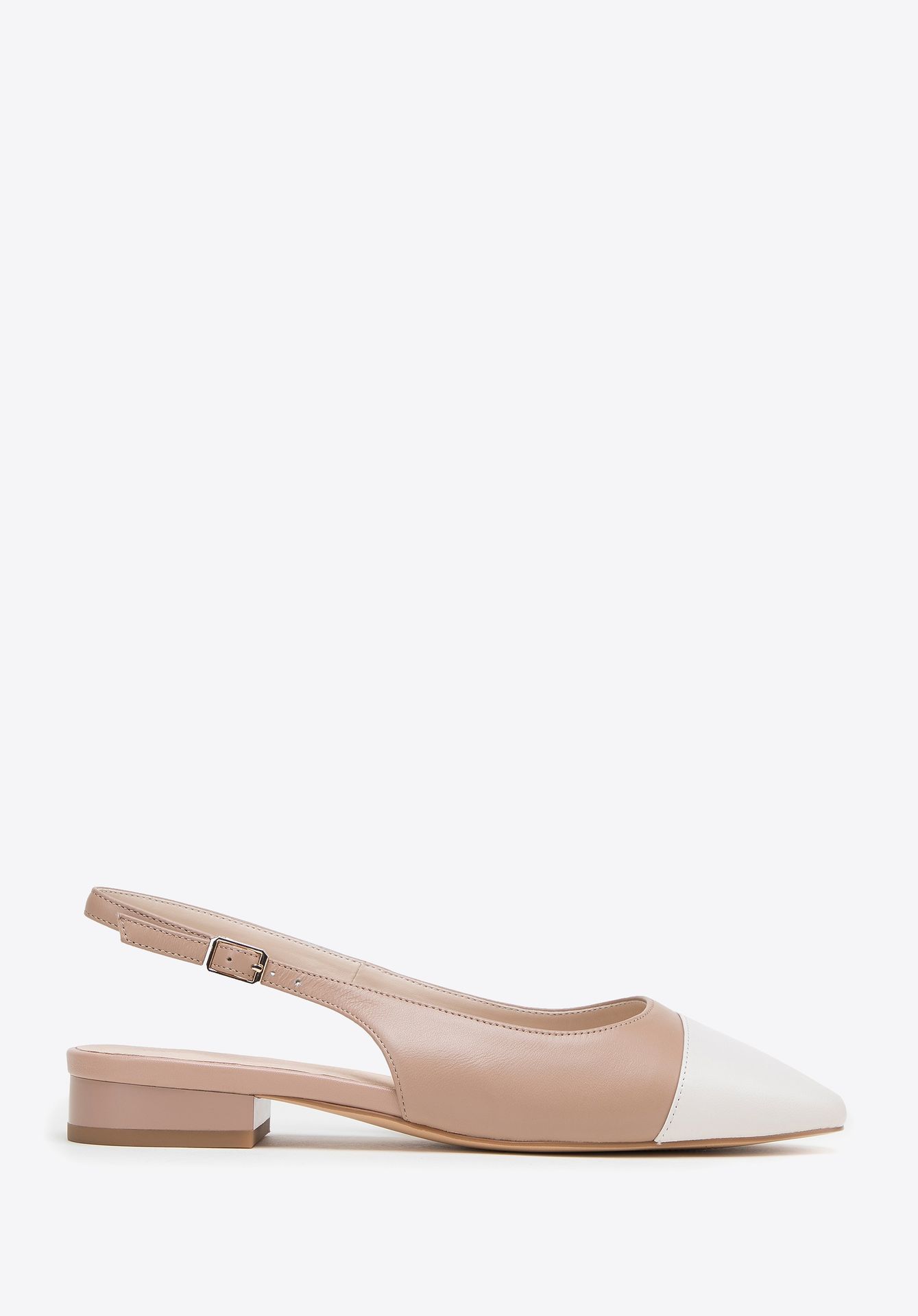 Damskie czółenka skórzane typu sling back beżowo-białe