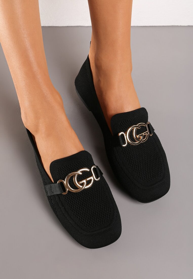 Czarne Mokasyny Wsuwane ze Ściętym Noskiem i Metaliczną Klamerką Kanela