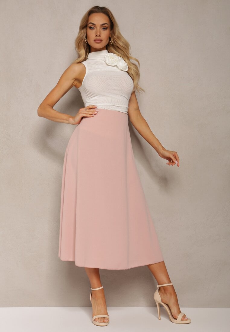 Jasnoróżowa Midi Spódnica Rozkloszowana o Klasycznym Fasonie Namettia
