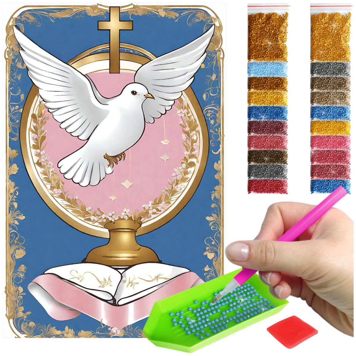 Haft Diamentowy ARTULIO, Obraz DIY 5D, Diamond Painting, Mozaika diamentowa 40x60cm (GOŁĄB NAD BIBLIĄ) + zestaw akcesoriów