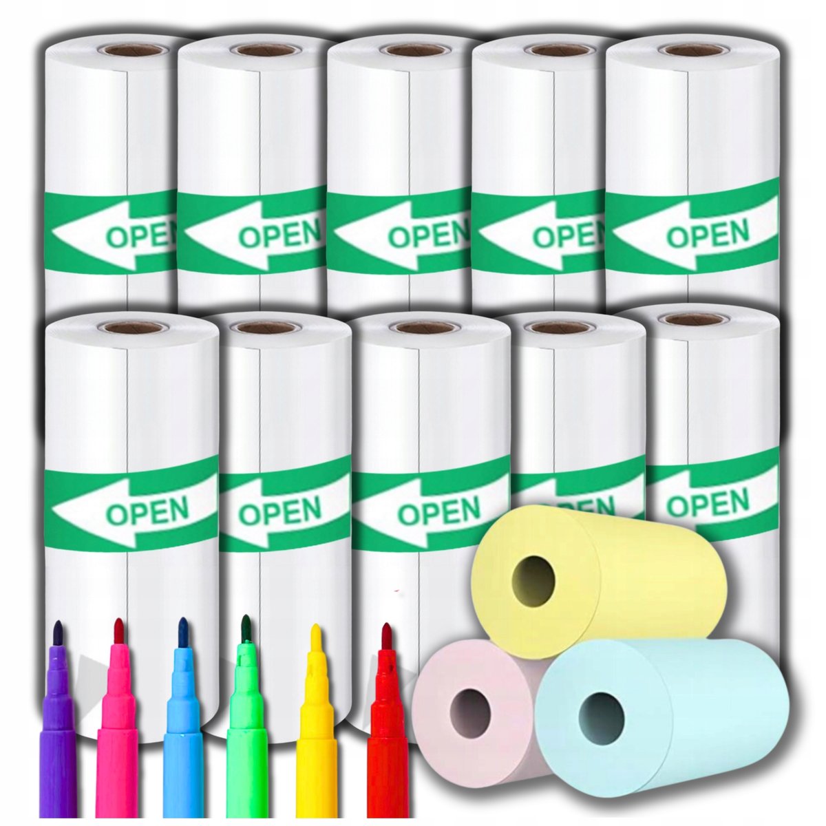 14x PAPIER TERMICZNY SAMOPRZYLEPNY DO DRUKARKI + 6 MARKERÓW