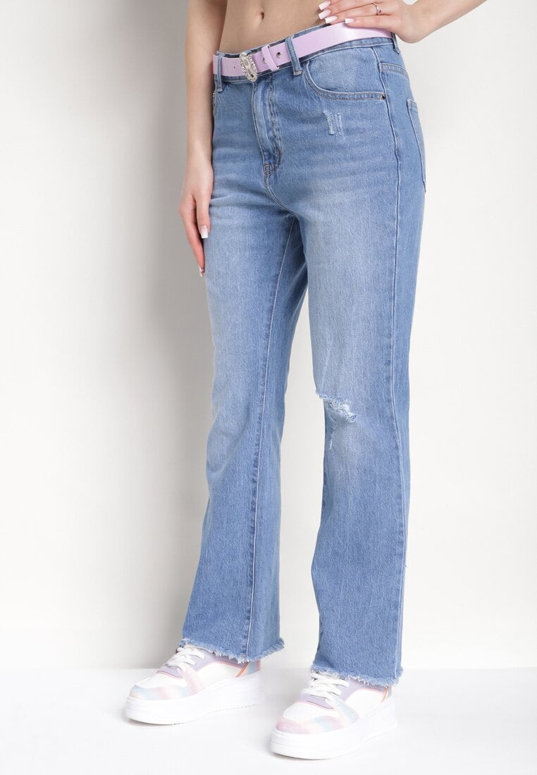 Niebieskie Jeansy Dzwony z Paskiem z Biżuteryjną Klamrą w Komplecie Saneja