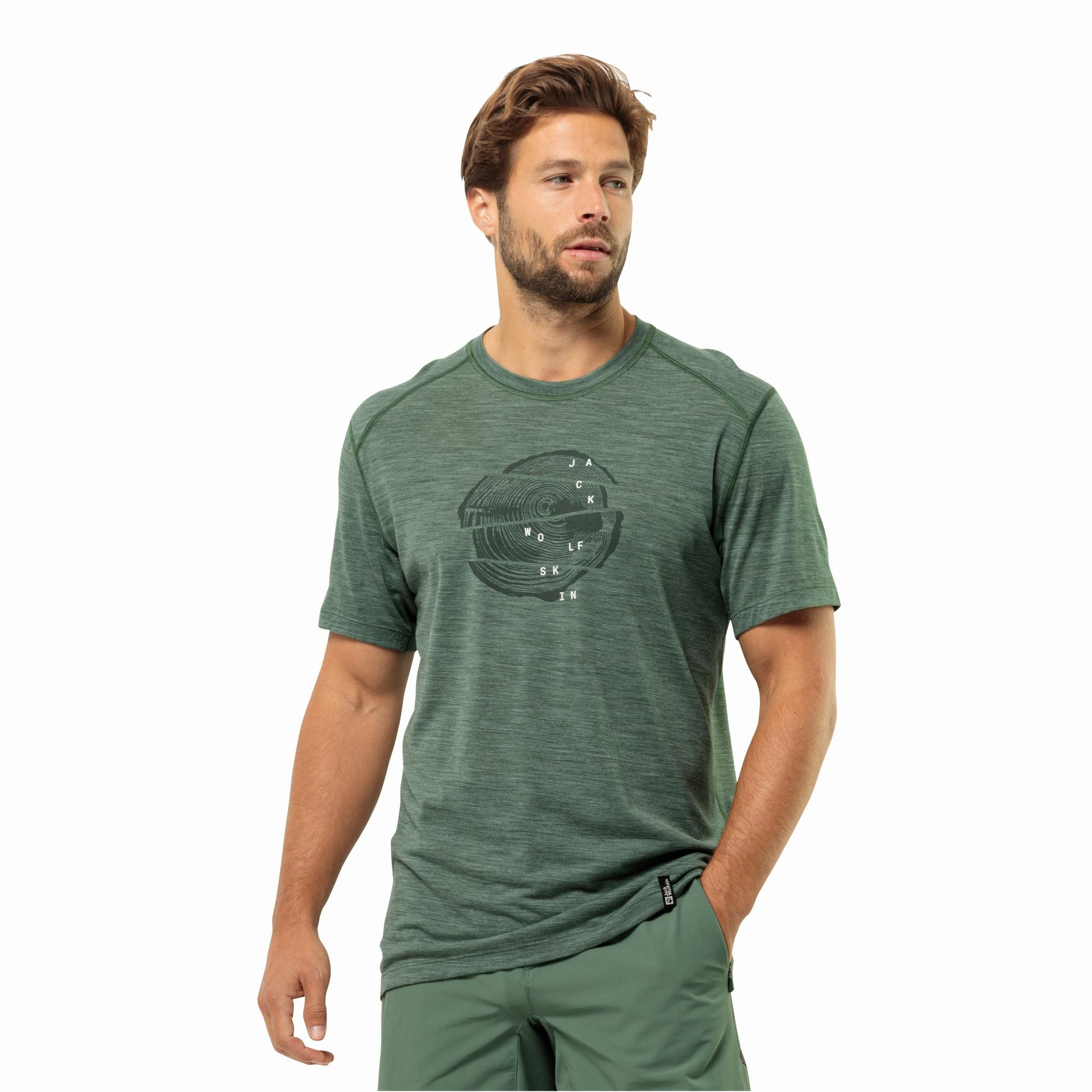 Męska koszulka z wełny merino Jack Wolfskin KAMMWEG GRAPHIC S/S M hedge green - XXL