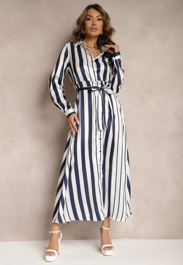 Biało-Granatowa Koszulowa Sukienka Ozdobiona Wzorem w Paski Wiązana w Talii Orintta
