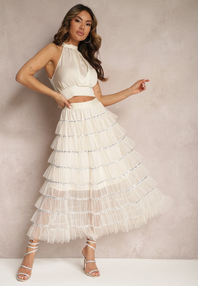 Beżowa Rozkloszowana Spódnica Midi z Falbankami i Cekinami Noobi