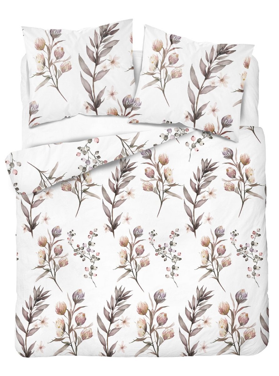 Pościel satynowa 200x220 biała pudrowa brązowa polne kwiaty